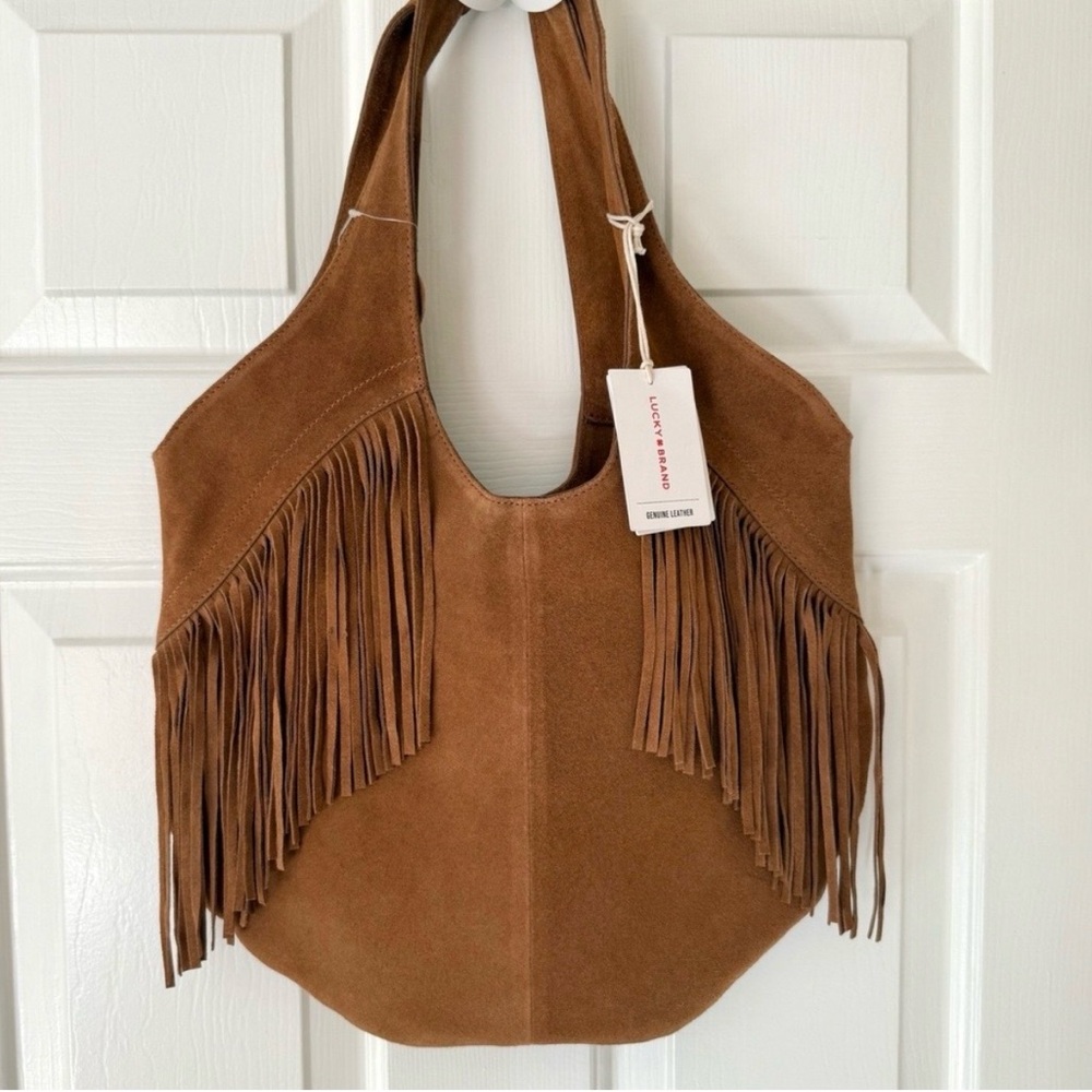 Lucky Brand Suede Fringe Hobo Bag Brown Genuine Leather